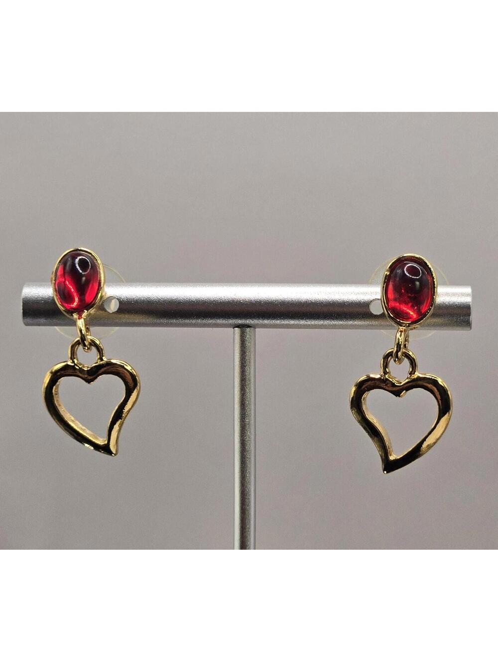 vintage Park Lane Red Cabochon Goldtone Dangle Open Heart Drop Earrings